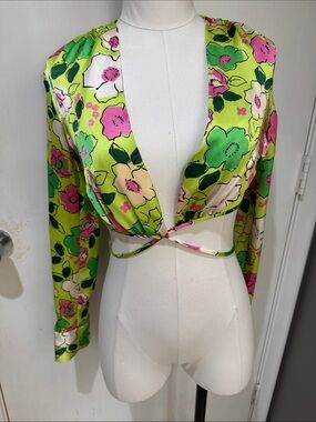 Zara Lime Green Floral Tie-Front Cropped Top